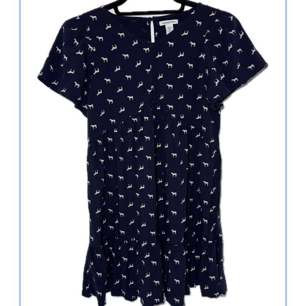 Nordstrom Girls' size L (10/12) navy blue dress with horse print, excellent cond